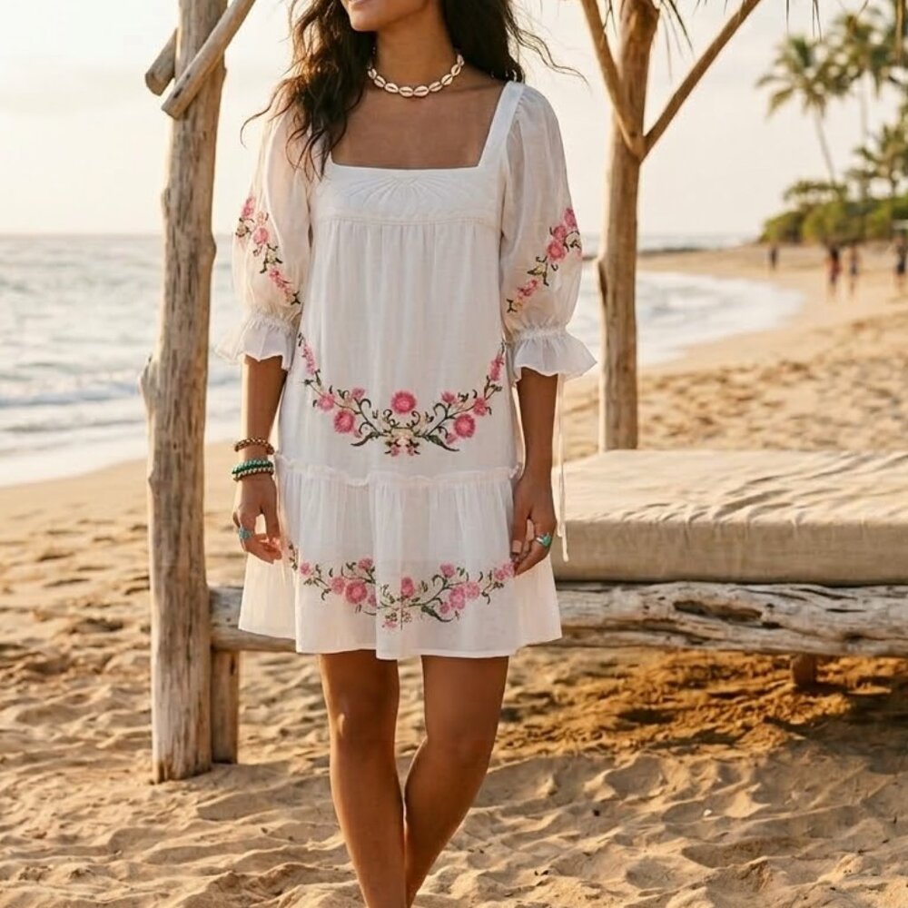 Bebe Silk floral embroidered mini dress